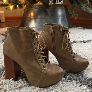 Tan hidden platform lace up booties